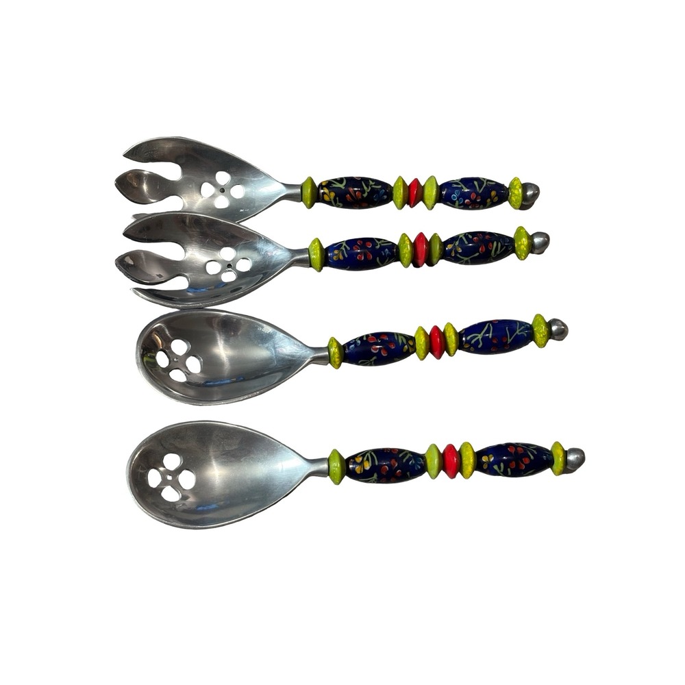 Boho Stainless Steel Salad Servers Set 4 Ceramic Beaded Handles Floral Blue 9.5"